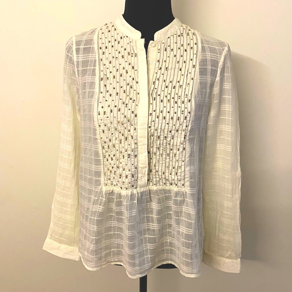 Smocked Long Sleeve Blouse with Gold Sequins